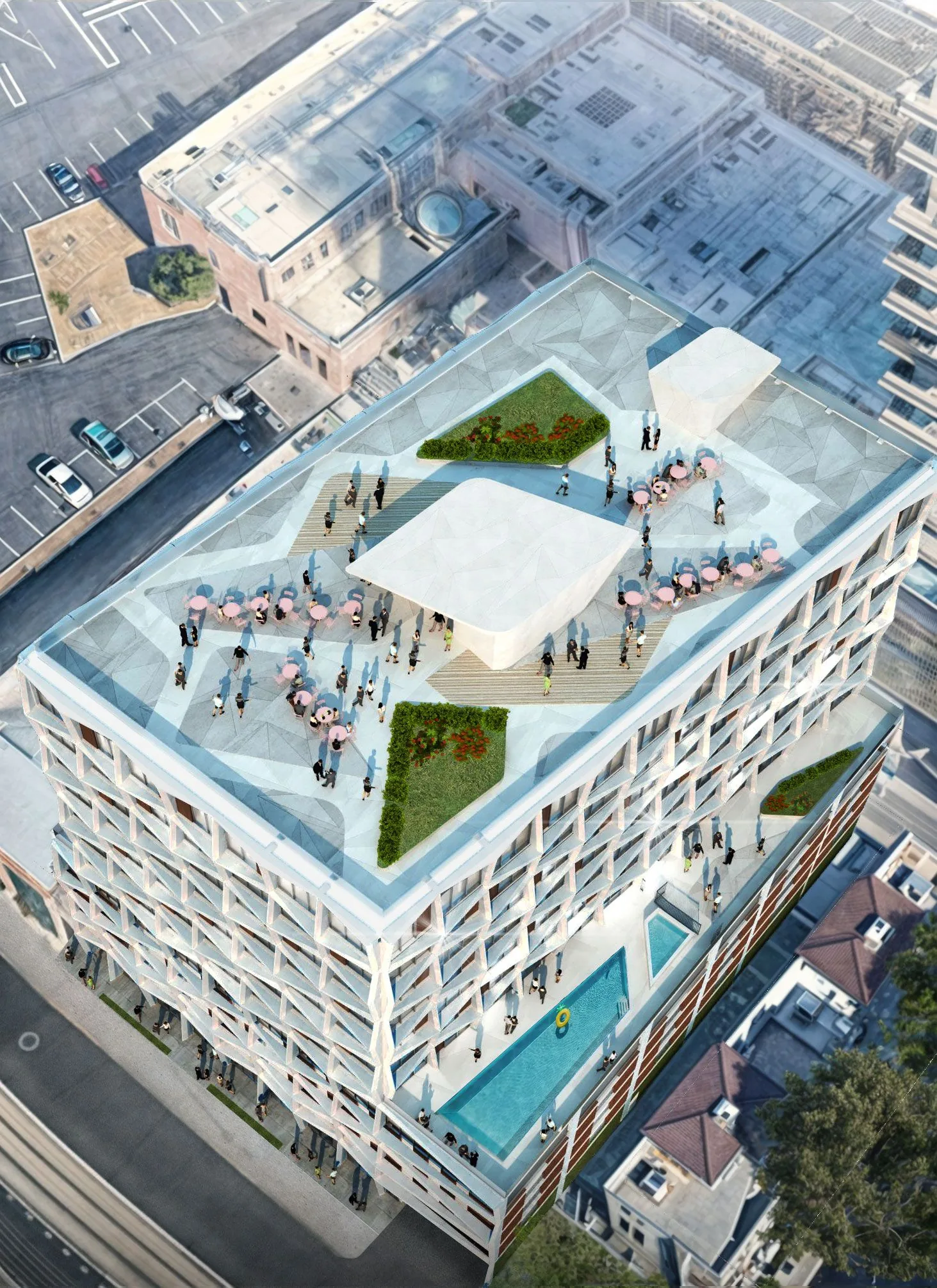 Original aerial rendering showing the Manzana rooftop gathering spaces and elevated pool