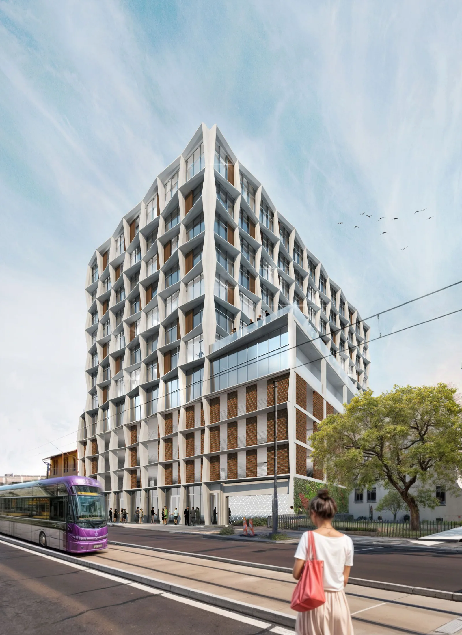 Manzana architectural rendering with sculpted white facade and brick street-level podium