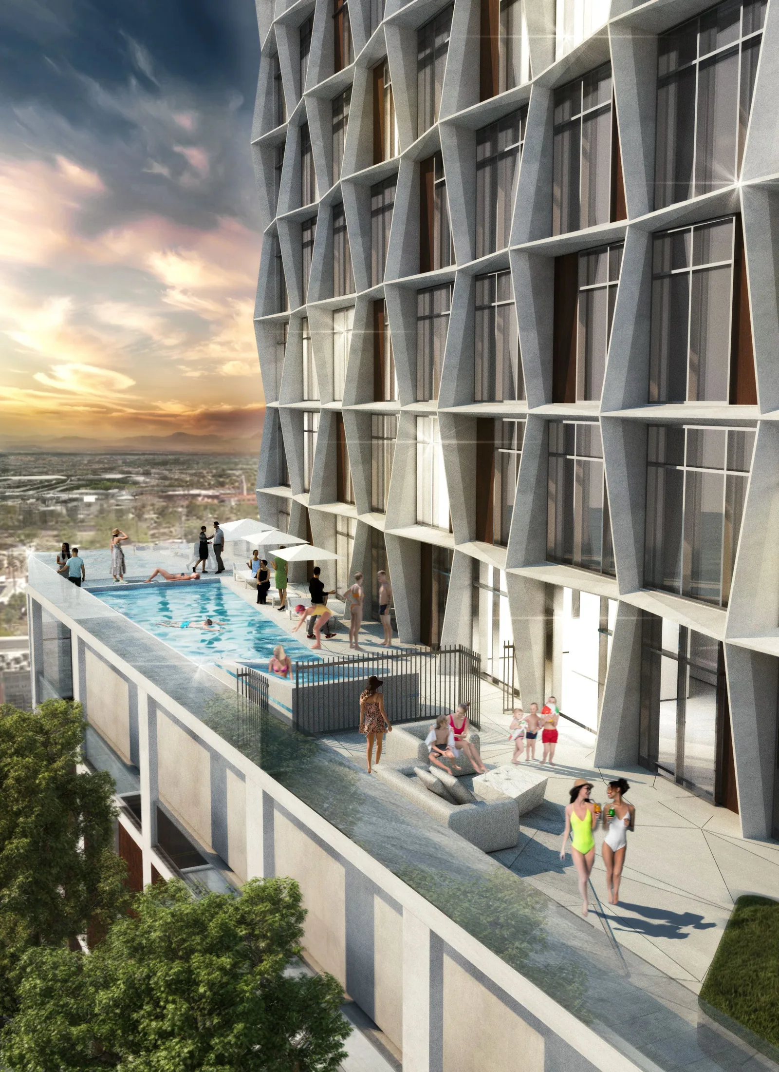 Original Manzana rendering showing an elevated view of the pool deck with sunset over Phoenix