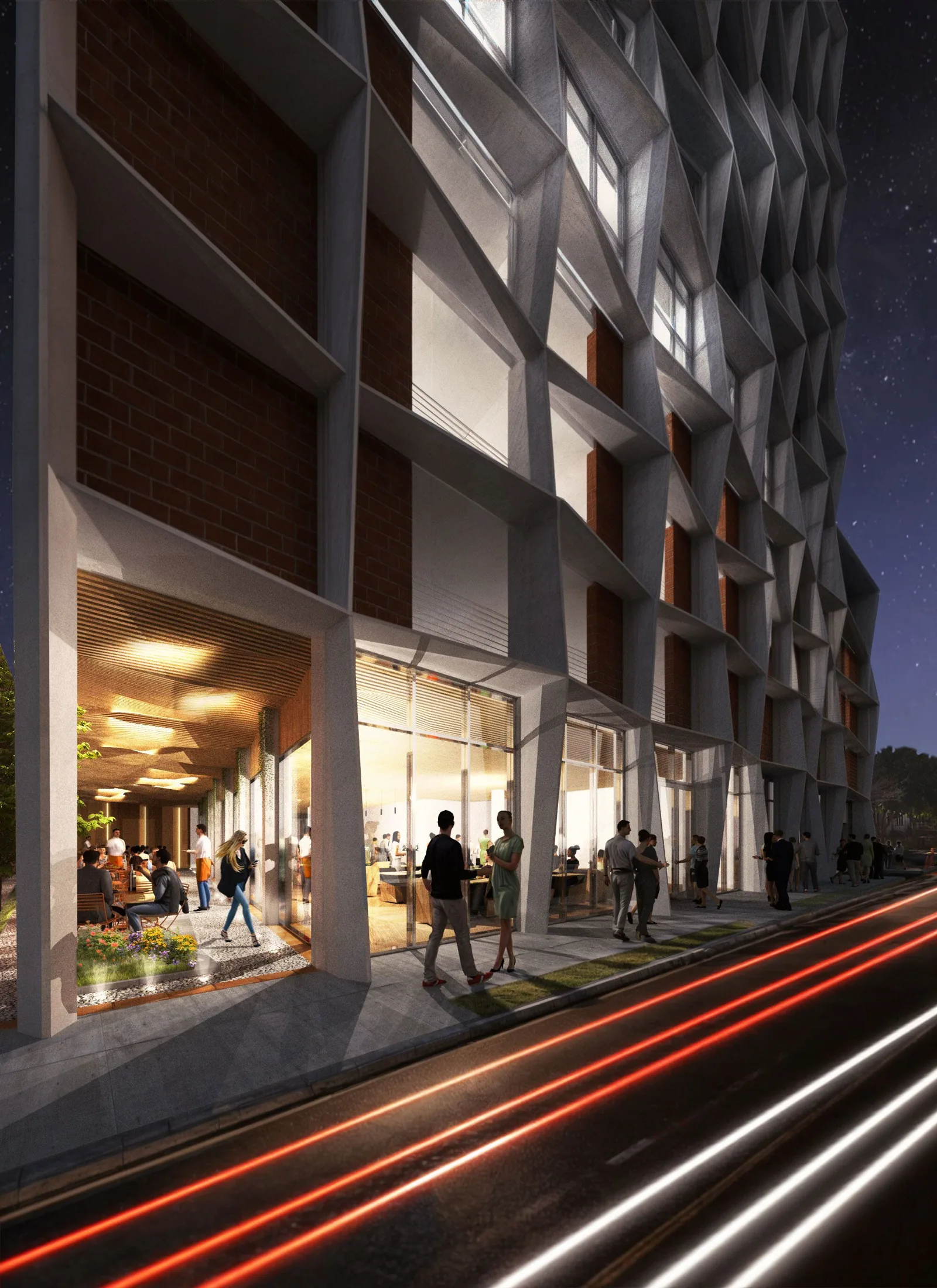 Original Manzana rendering of the illuminated ground-floor restaurant and retail frontage at night